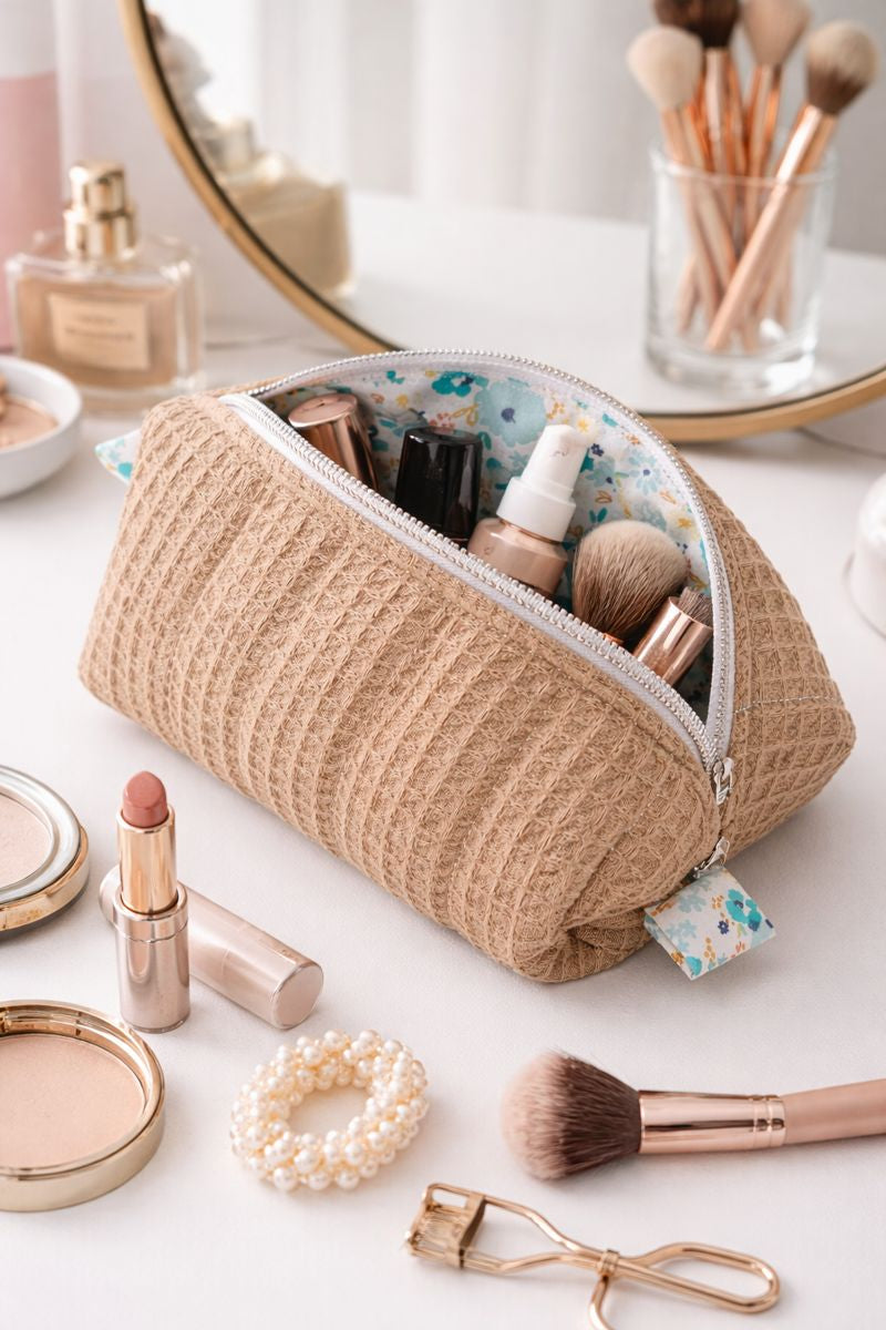 Beige Quilted Makeup / Cosmetic Bag