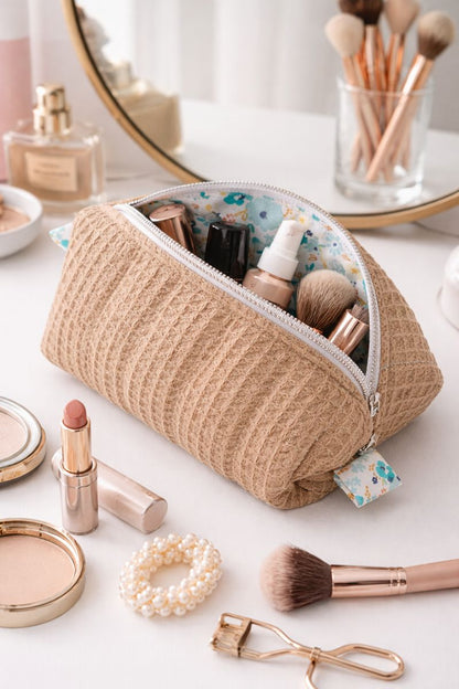 Beige Quilted Makeup / Cosmetic Bag